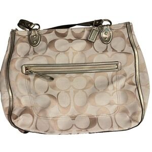 Coach J1220 Gallery Tote Gold Metallic Signature Jacquard Leather Trim Authentic